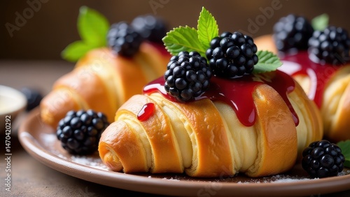 Wallpaper Mural A plate of freshly baked croissants topped with rich berry sauce, juicy blackberries, and mint leaves Torontodigital.ca