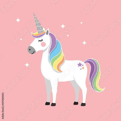 Unicorn with rainbow mane and tail standing gracefully on pink background magical fantasy illustration 