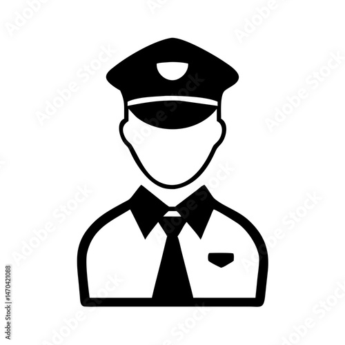 A black and white police officer badge wearing a police cap and formal shirt and tie, to denote law enforcement or police services.