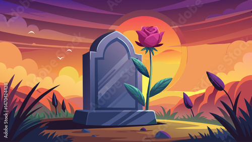 A lovely gravestone featuring a single flower against the backdrop of a vibrant sunset, creating a poignant moment of reflection and honoring memories in a peaceful cemetery.
