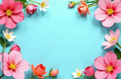 Spring delicate flowers on a pastel blue background with space your text.