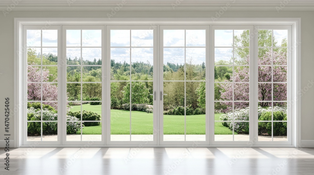 Fototapeta premium Triple sliding doors with wide glass windows offering a backyard garden view.