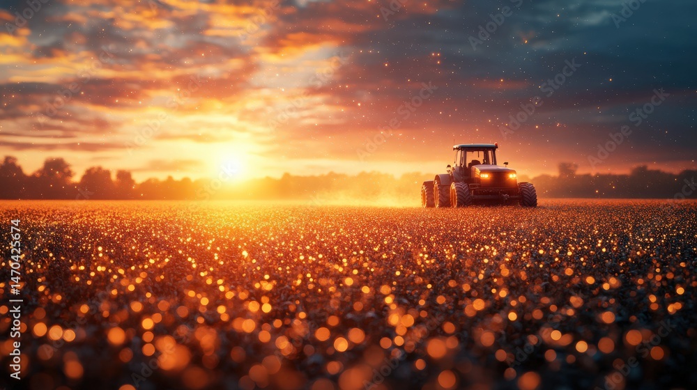 Fototapeta premium Tractor driving through field at sunrise with shimmering ground