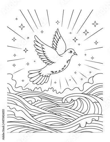 Dove Over Waves – Holy Spirit Rising from the Sea Coloring Page