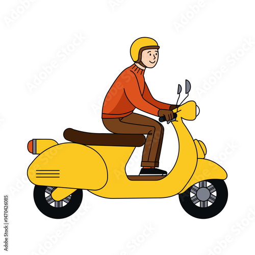 Smiling young man riding yellow scooter in helmet and casual clothes cartoon illustration of happy male character driving vintage moped side view isolated on white background