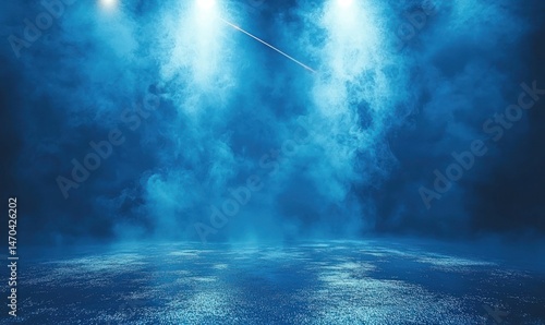 A dark blue, smoky scene lit by two bright spotlights, reflecting on a textured ground