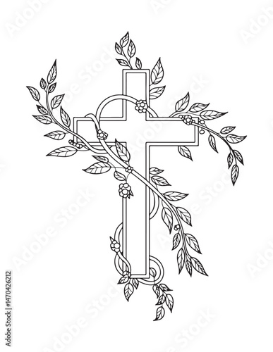 Cross with Olive Branch Coloring Page – Peaceful Christian Symbol Line Drawing