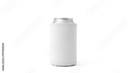 Blank white collapsible beer can koozie mockup isolated, side view, 3d rendering. Empty neoprene cooler holder mock up for tin beverage. Plain drinkware hugger design template. Fizzy pop soda sleeve
