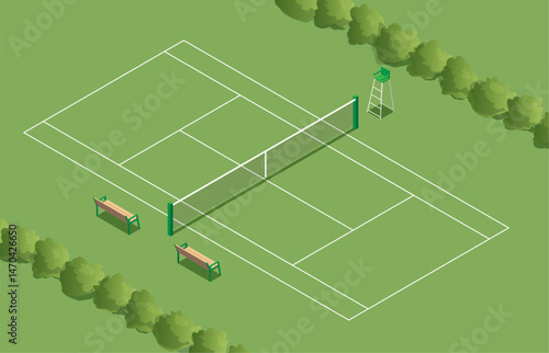 Isometric outdoor tennis court with green grass field net benches and umpire chair surrounded by trees professional sports facility design for tournament or training illustration