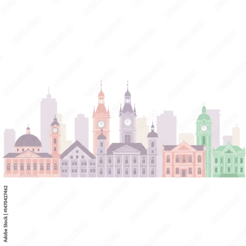 Pastel Cityscape Illustration with Geometric Buildings Pastel Cityscape Illustration with Geometric Buildings
