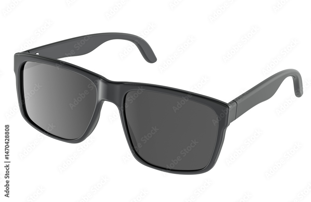 Black Sunglasses. Classic Retro Square Frame Driving Sun Glasses UV Protection, 3D rendering isolated on transparent background Black Sunglasses. Classic Retro Square Frame Driving Sun Glasses UV Protection, 3D rendering isolated on transparent background