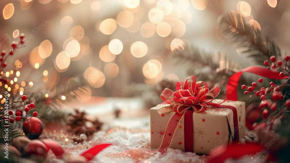 Holiday scene featuring a gift decorated with red ribbon and bow placed in a seasonal environment with snow. Bokeh lights in the background and a pine branch add warmth. Holiday scene featuring a gift decorated with red ribbon and bow placed in a seasonal environment with snow. Bokeh lights in the background and a pine branch add warmth.