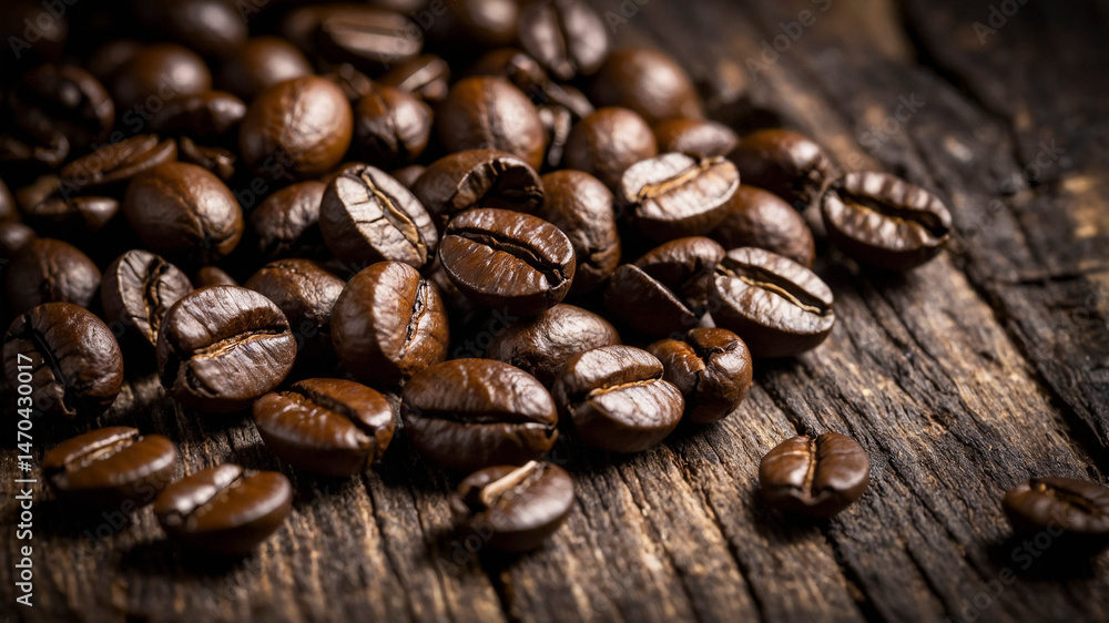 Naklejka premium Roasted Coffee Beans on Rustic Wooden Background in Warm Lighting
