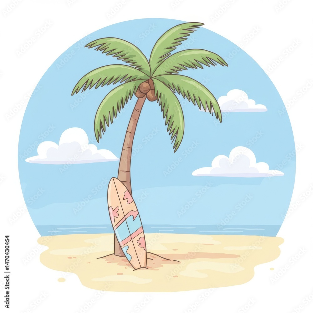 Obraz premium Pastel Surfboard Leaning on Palm Tree on Sandy Beach