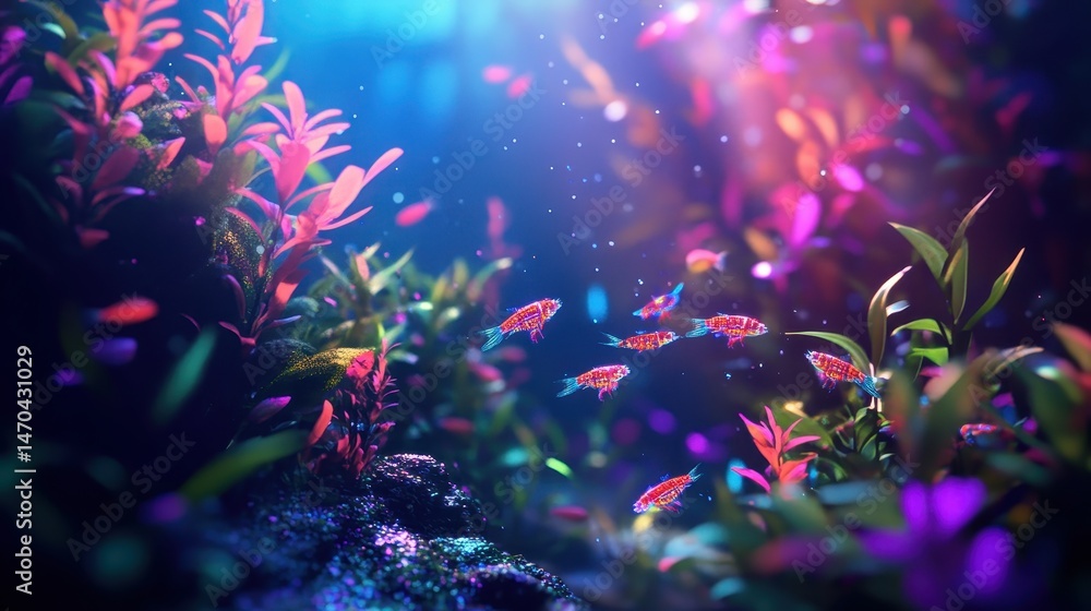 Cyberpunk underwater ecosystem, glowing biomechanical shrimp and nano-enhanced small fish swimming among neon-lit cybernetic aquatic plants, Cyberpunk underwater ecosystem, glowing biomechanical shrimp and nano-enhanced small fish swimming among neon-lit cybernetic aquatic plants,