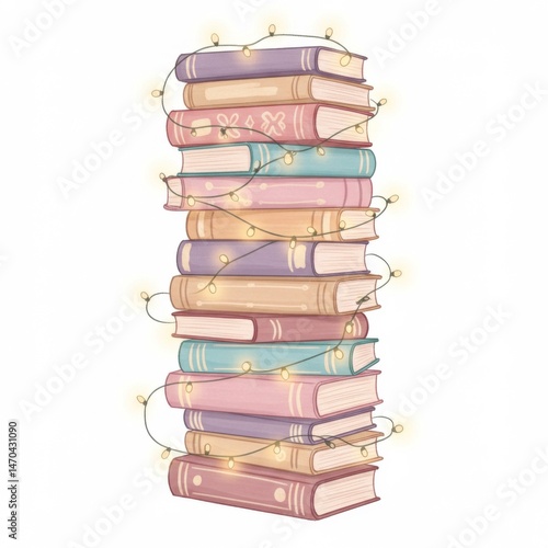 Pastel Book Stack with Fairy Lights
