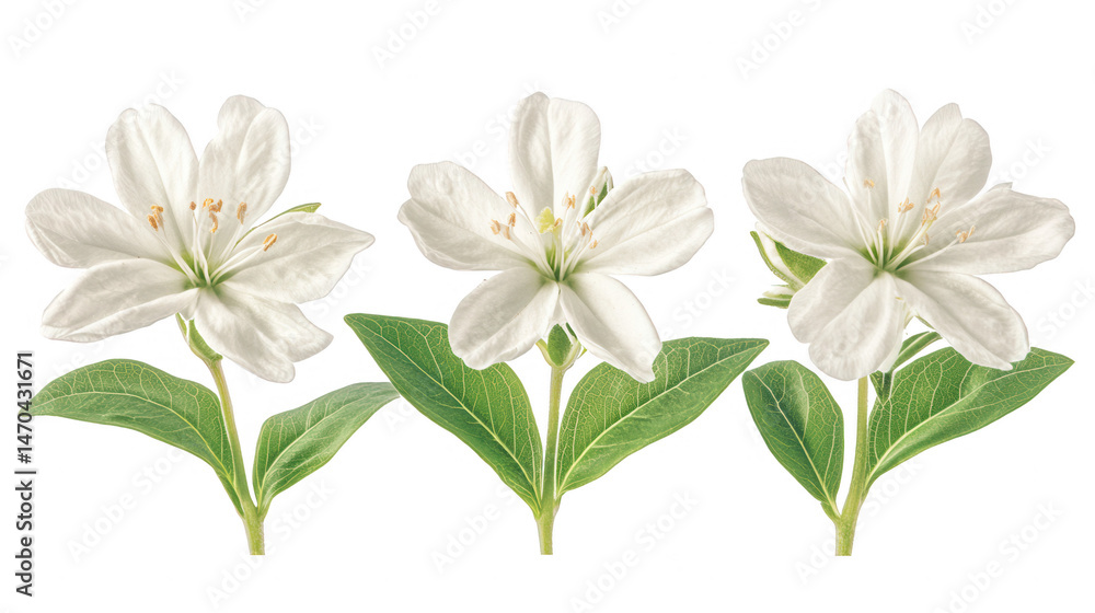 Fototapeta premium Exquisite White Flowers with Green Leaves on PNG Transparent Background