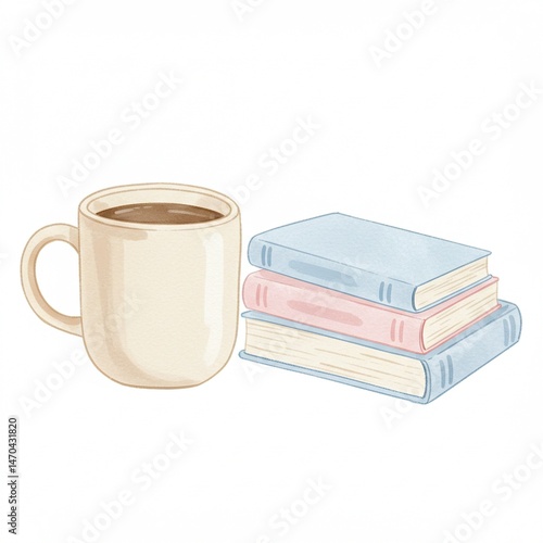 Cream Mug of Coffee and Stack of Pastel Books