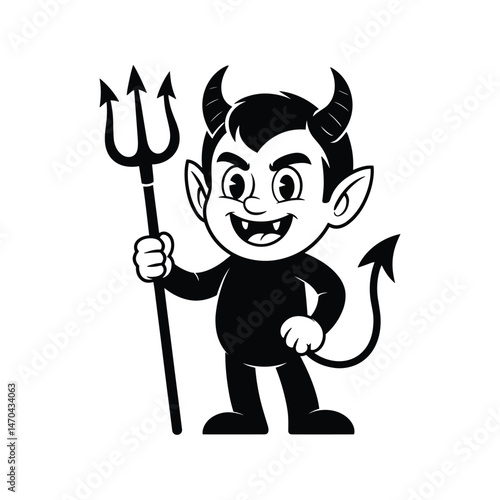 Cartoon Devil with Trident: A cute cartoon devil with a trident, embodying mischief and playfulness, in a clean, illustrative design