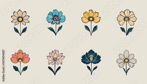 Elegant floral pattern featuring an artistic arrangement of retro inspired daisies in vibrant color palette, set against a soft neutral backdrop