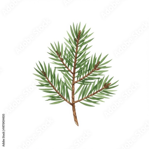 Green Pine Branch Watercolor Illustration