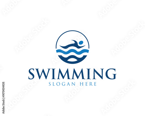 Swimming logo template with abstract water waves and swimmer silhouette simple aquatic sports vector design