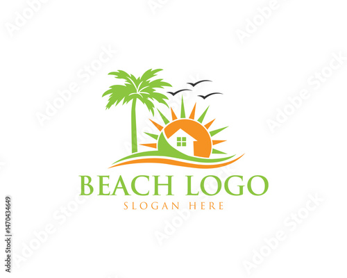 Beach house resort vector logo template with palm trees and birds