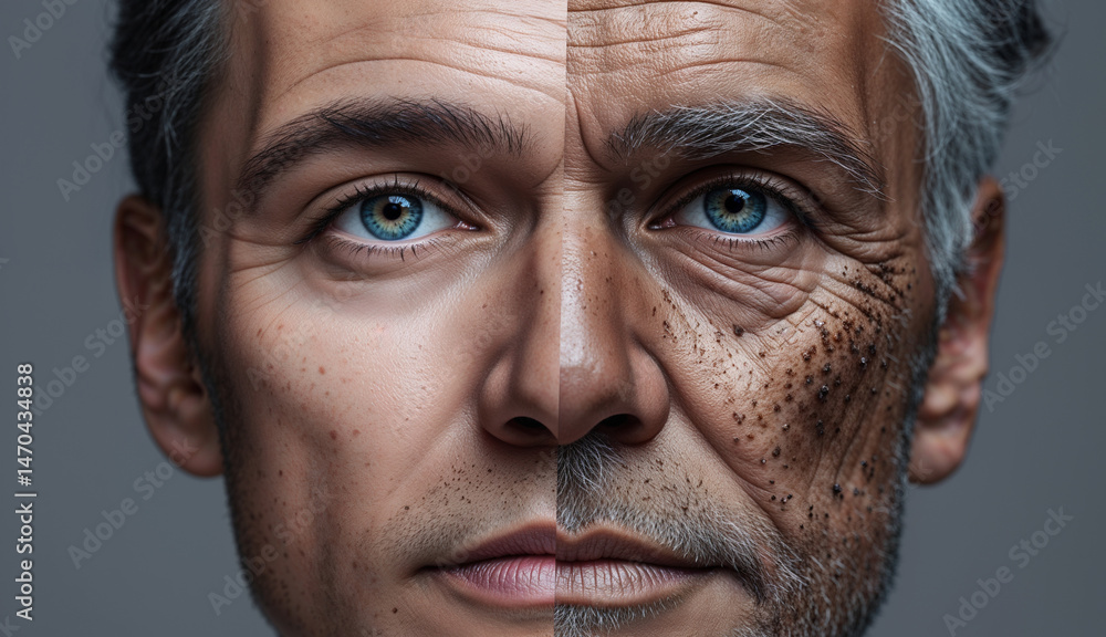 Fototapeta premium Aging Process Concept: Split Portrait of a Young and Elderly Man