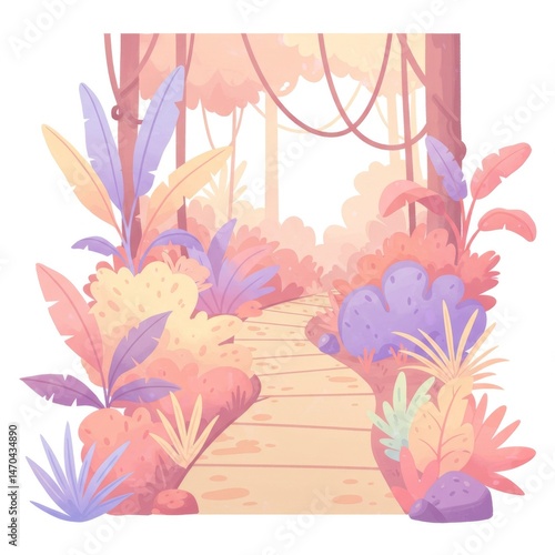 Pastel Jungle Path: Soft Light, Lush Foliage