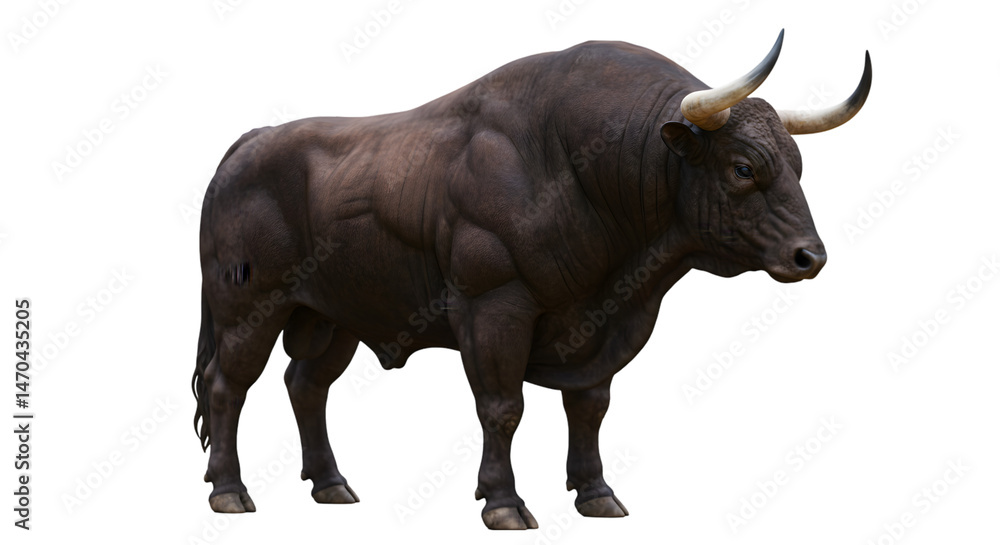 Fototapeta premium A dark brown bull with large horns standing in a dark environment with a black background around