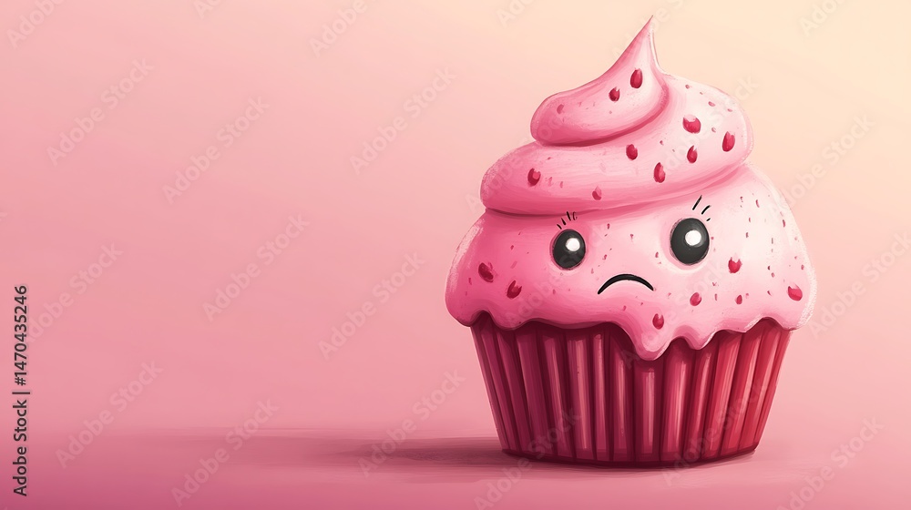 Cartoon cupcake with sad expression against pink backdrop Cartoon cupcake with sad expression against pink backdrop