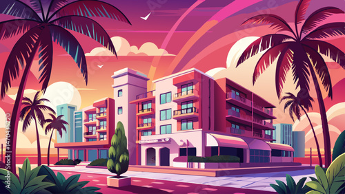 Palms and hotel. Life in pink. Minimal. Stylish tropical urban.