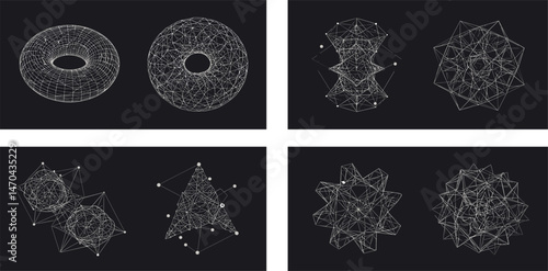 Vector graphic assets kit acid style, Postmodern abstract geometric shapes with wireframe elements of different forms, Y2K trendy design in brutalism