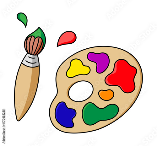 Bright colors fill a paint palette next to a brush, illustrating the tools for artistic expression. This lively setup invites creativity in a dedicated art space