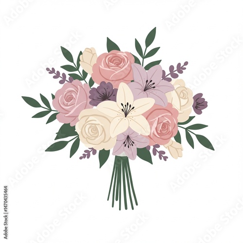 Pastel Pink and Cream Rose and Lily Bouquet Illustration