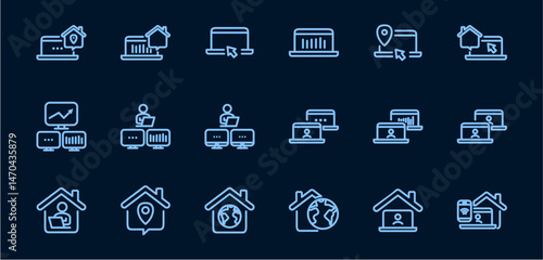 Remote Work Line Icons . Freelancer Work from Home, Video Call, Online Meeting, Teleconference Vector Set