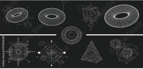 Vector graphic assets kit acid style, Postmodern abstract geometric shapes with wireframe elements of different forms, Y2K trendy design in brutalism