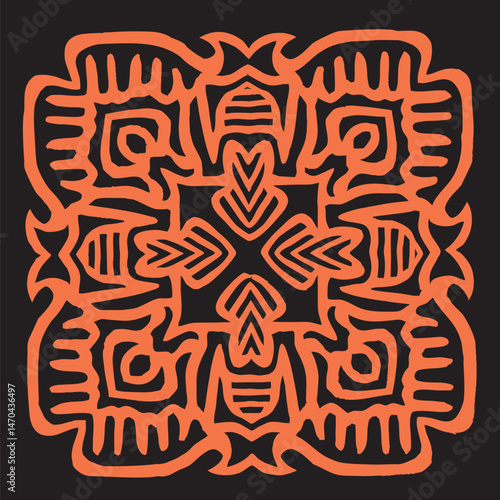 mola from Panama and Colombia, aboriginal Orange and Black