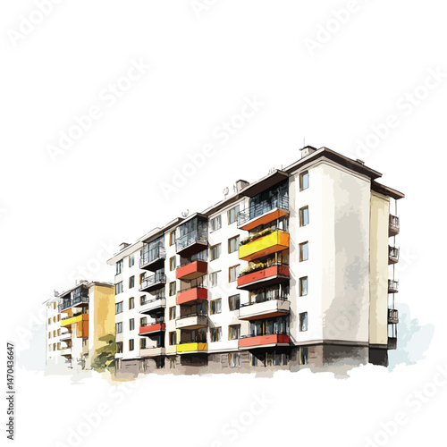 Large apartment building with balconies and a red roof