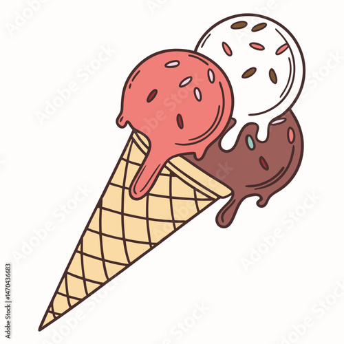 Ice cream cone icon with triple scoop and dripping syrup