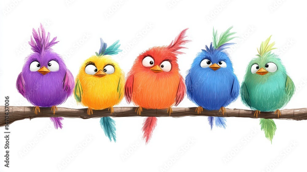 fluffy cartoon birds with colorful wild feathers sitting on a branch, with a different goofy and confused fluffy cartoon birds with colorful wild feathers sitting on a branch, with a different goofy and confused