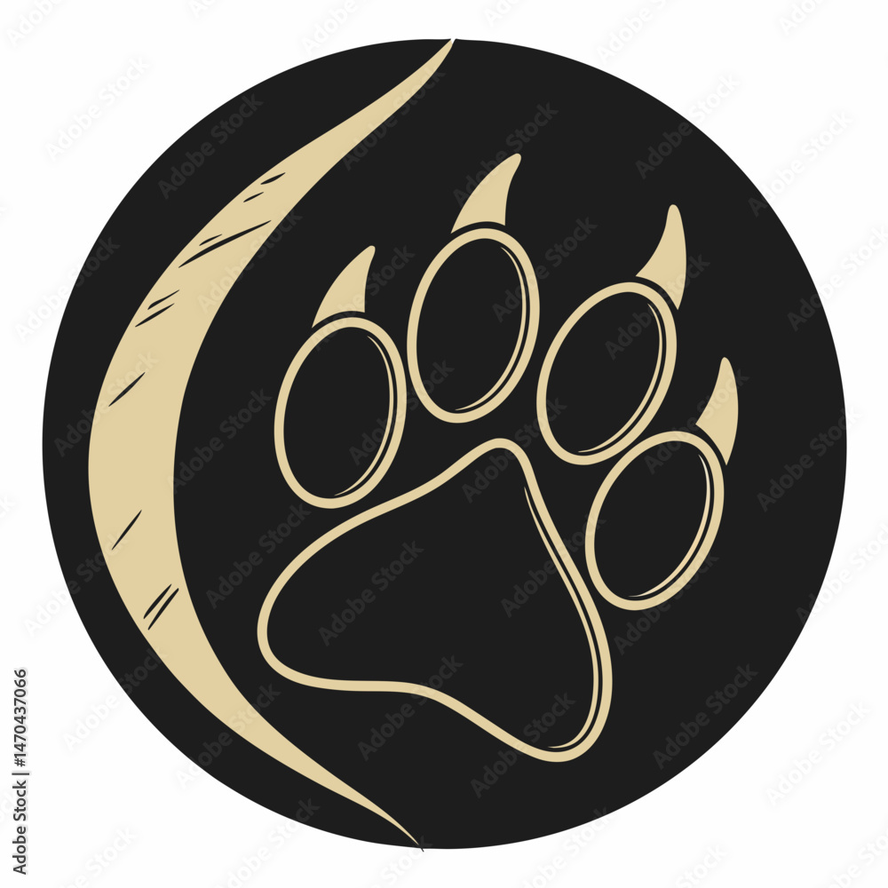 Minimalist golden dog paw icon on black circular background Minimalist golden dog paw icon on black circular background