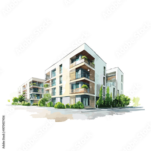 Large building with a green roof and a balcony, watercolor illustration isolated on white background