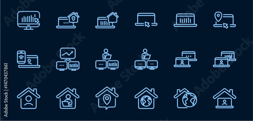 Remote Work Line Icons . Freelancer Work from Home, Video Call, Online Meeting, Teleconference Vector Set