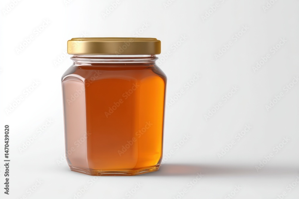 Glass jar of honey with a gold lid against a white background. Glass jar of honey with a gold lid against a white background.