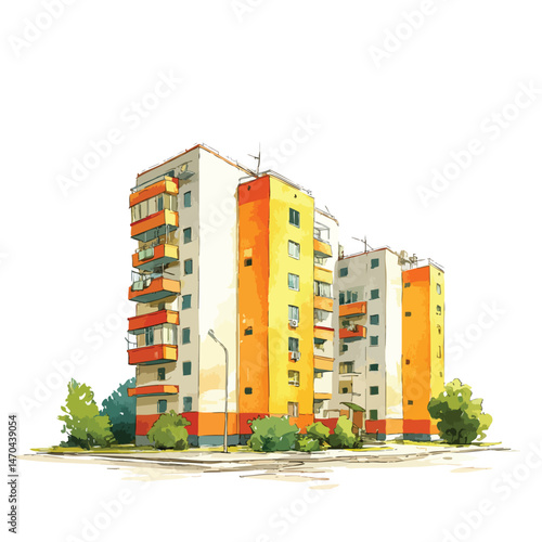 Large orange building with balconies. The building is located in a city. There are trees in front of the building