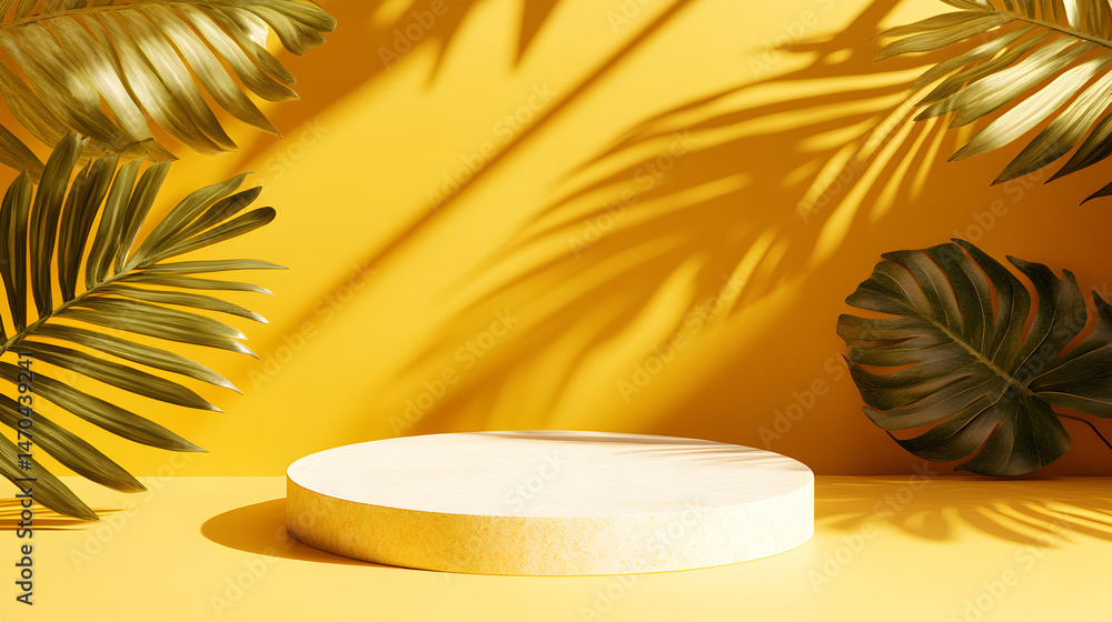Obraz premium Tropical Leaves and Shadows on a Yellow Background with a Platform