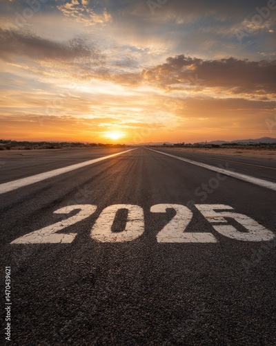 Wallpaper Mural A runway marked with "2025" stretches toward a vibrant sunset, blending the beauty of nature with a sense of forward-looking optimism Torontodigital.ca
