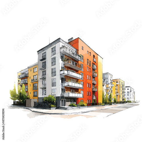 Building with a red and yellow facade. The building is tall and has a balcony. There are trees in front of the building