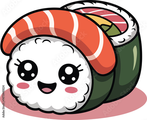 Adorable kawaii sushi roll illustration with smiling face and big eyes on pink background